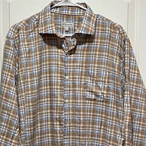 Peter Millar Summer Soft Men’s Large Brown Blue Plaid Button Down Shirt Pocket
